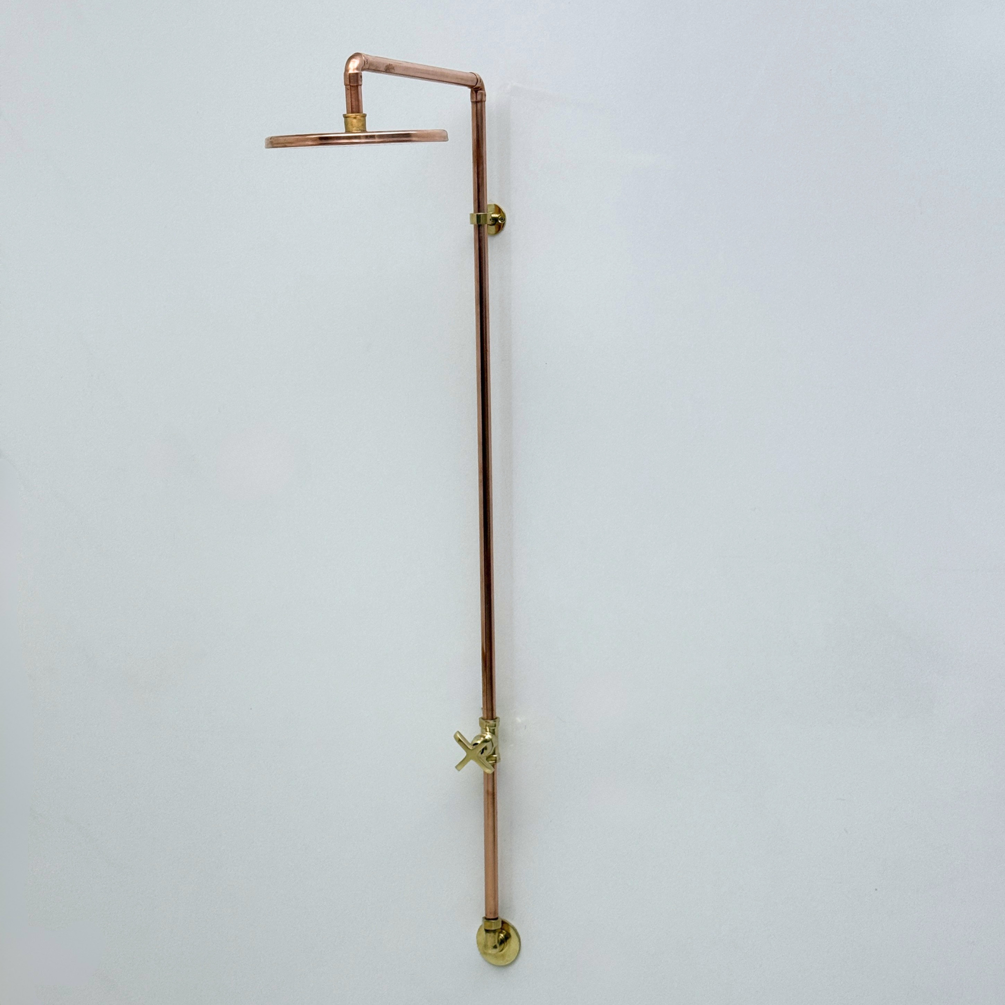 Unlacquered Brass and Copper Outdoor Shower System with Flat Rain Shower Head