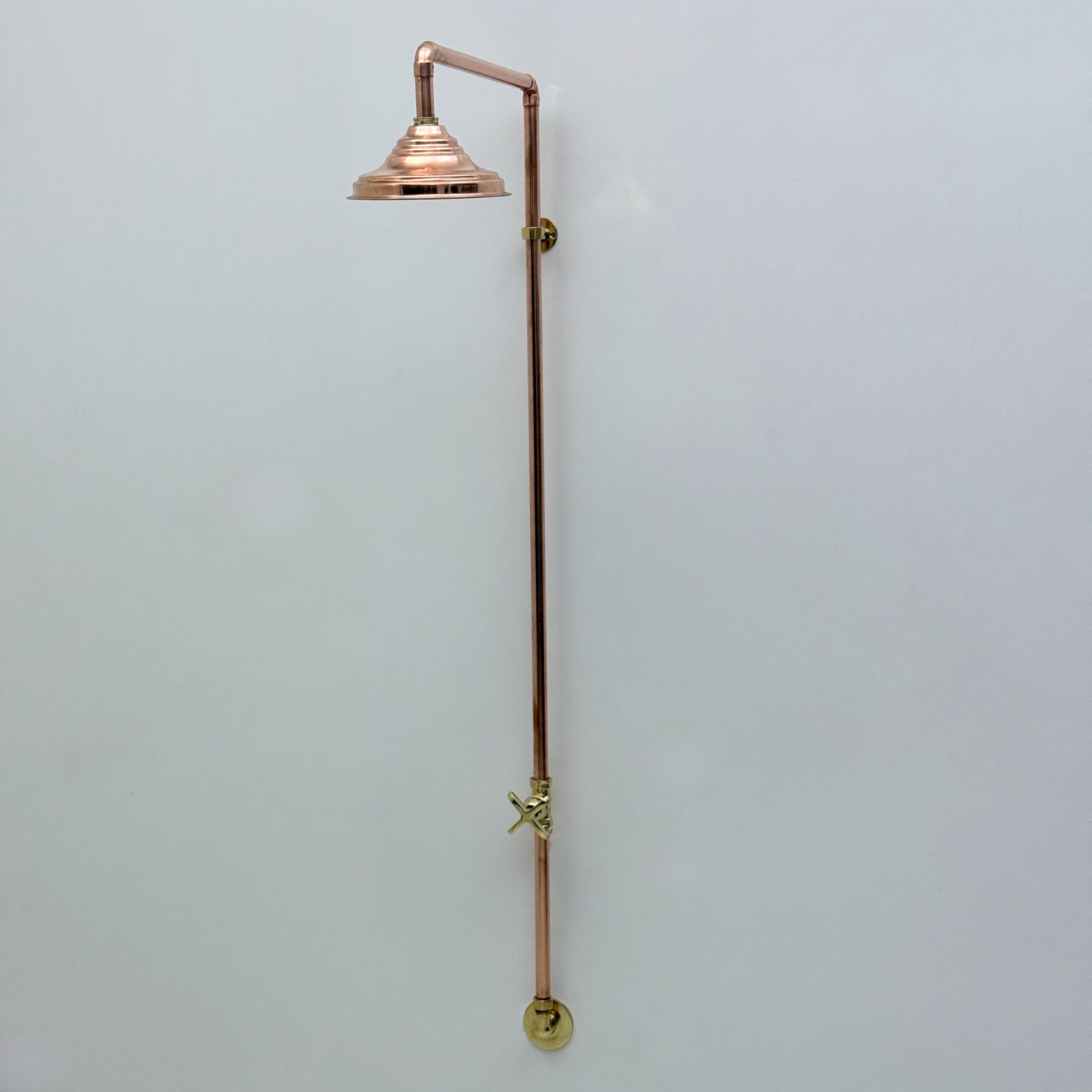 Unlacquered Brass and Copper Outdoor Shower System with Round Rain Shower Head