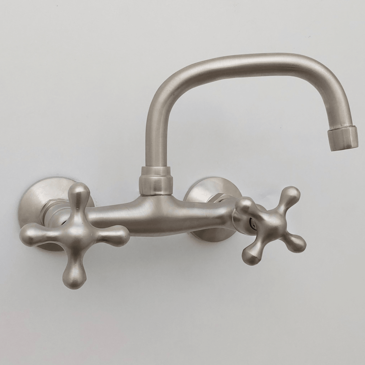 Wall Mount Brass Faucet, Brushed Nickel Finish Gooseneck Faucet with Cross Handles - Ref: WFCN002
