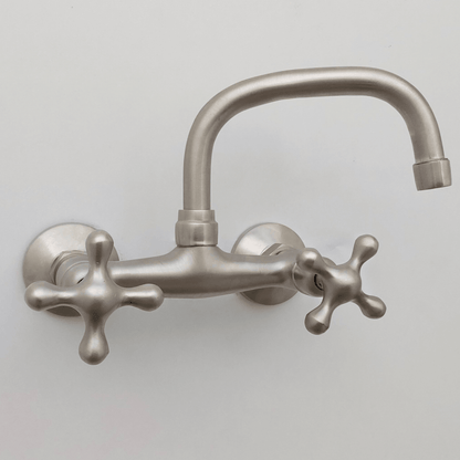Wall Mount Brass Faucet, Brushed Nickel Finish Gooseneck Faucet with Cross Handles - Ref: WFCN002