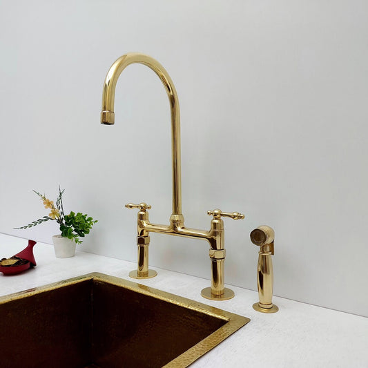 Unlacquered Brass Bridge Kitchen Faucet with Sprayer - Ref: APCL-3