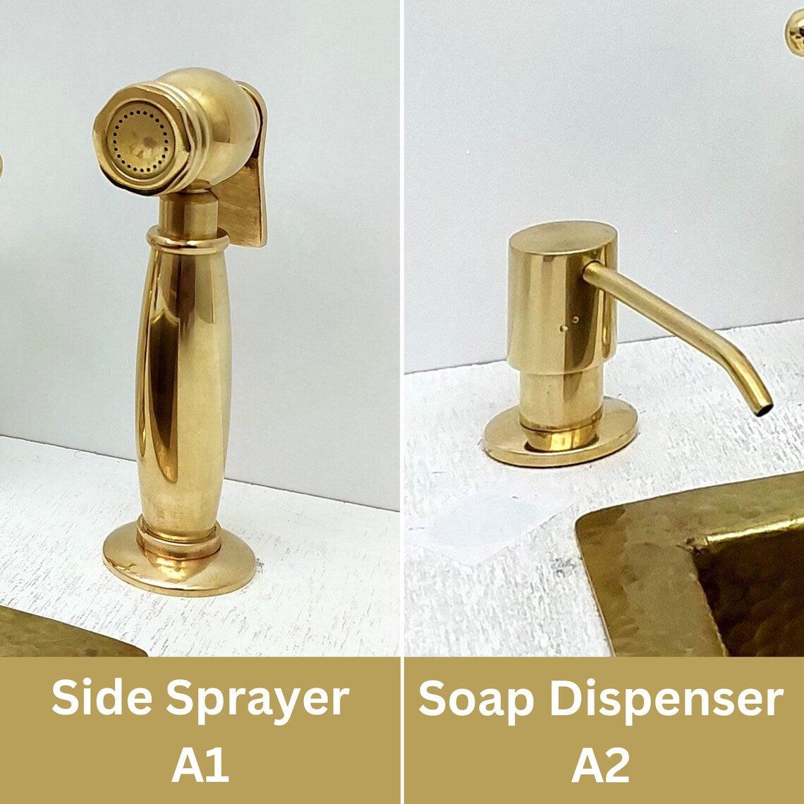Unlacquered Brass Bridge Vintage Kitchen Faucet With Sprayer and Soap Dispenser, Living Finish Antique Brass Kitchen Faucet-ref:APCL-9