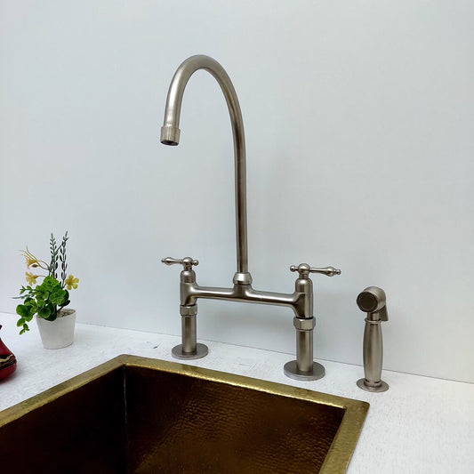 8" Nickel Finish Bridge Faucet  With Sprayer and Lever Handles-ref:APCL-7