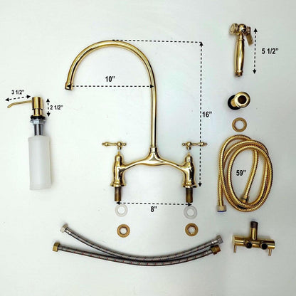 Grifo de cocina vintage de latón sin lacar con pulverizador y dispensador de jabón, grifo de cocina de latón antiguo con acabado Living, ref. APCL-8