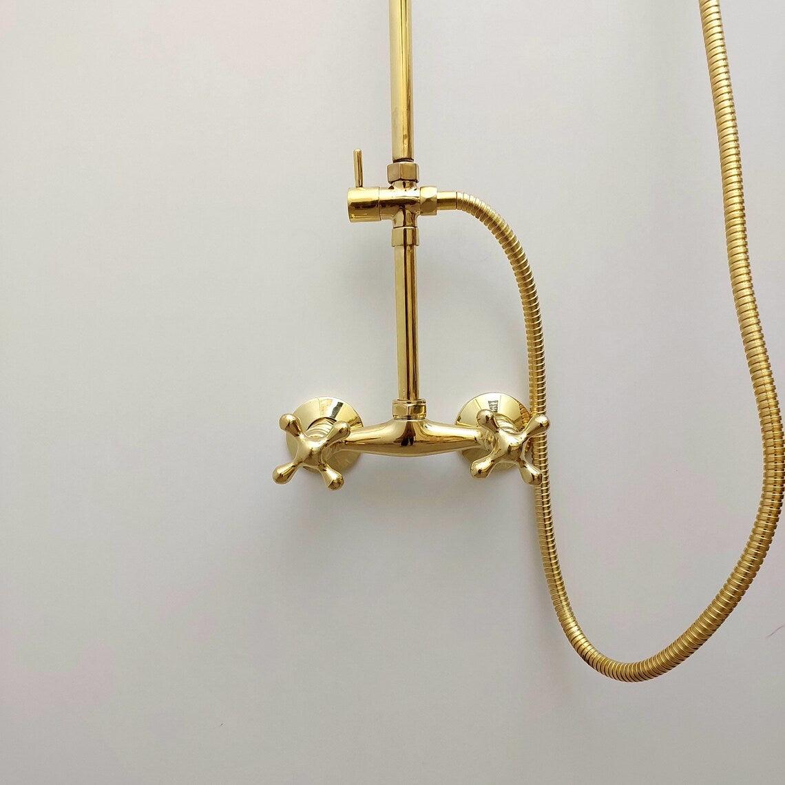 Unlacquered Brass Shower System with Handheld Shower Head and Round Shower Head - Ref: ATLASS44