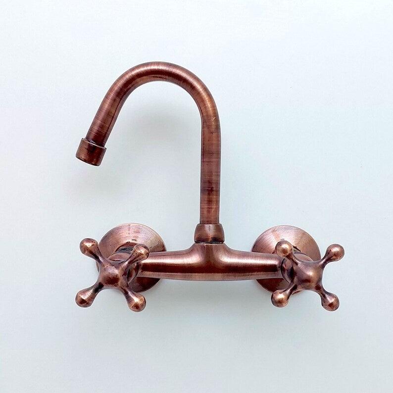 Copper Wall Mount Gooseneck Bathroom and kitchen Faucet with Cross Handles -  Ref: WFC002