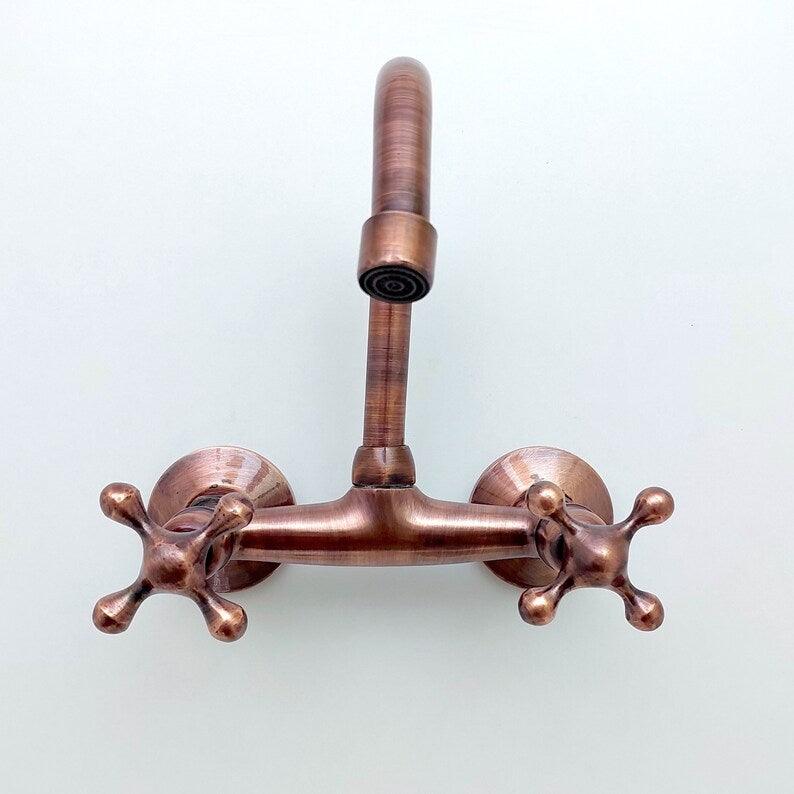 Copper Wall Mount Gooseneck Bathroom and kitchen Faucet with Cross Handles -  Ref: WFC002