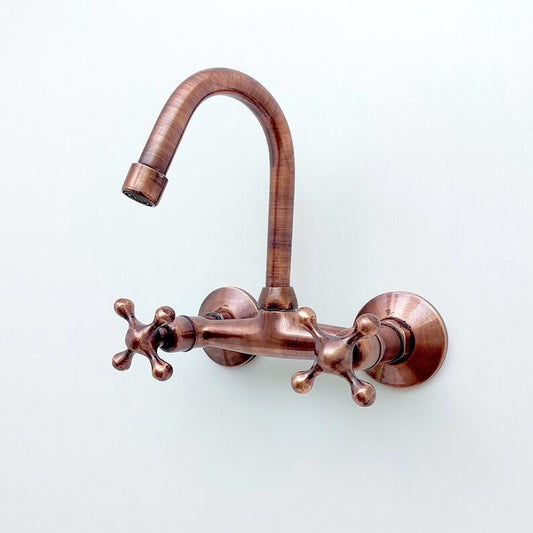 Copper Wall Mount Gooseneck Bathroom and kitchen Faucet with Cross Handles -  Ref: WFC002