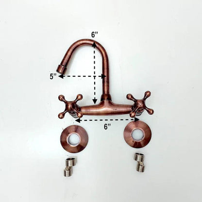 Copper Wall Mount Gooseneck Bathroom and kitchen Faucet with Cross Handles -  Ref: WFC002