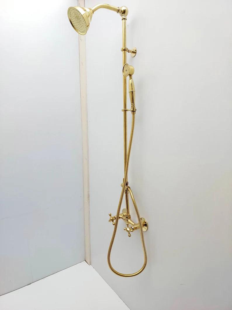 Unlacquered Brass Shower System with Round Shower Head and Handheld Shower Head- Ref: ATLASS43