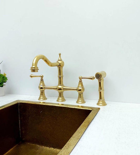 Unlacquered Brass Kitchen Victorian Bridge Faucet with Sprayer - Ref: AKFL-2