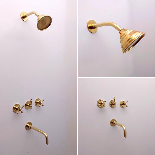 Unlacquered Brass Shower System with Tub Filler and Round Shower Head - Ref: ATLASS33