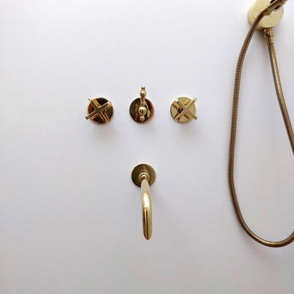 Unlacquered Brass Shower System with Handheld Shower Head, Tub Filler, and Round Shower Head - Ref: ATLASS36