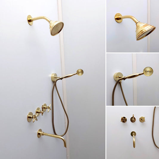 Unlacquered Brass Shower System with Handheld Shower Head, Tub Filler, and Round Shower Head - Ref: ATLASS36