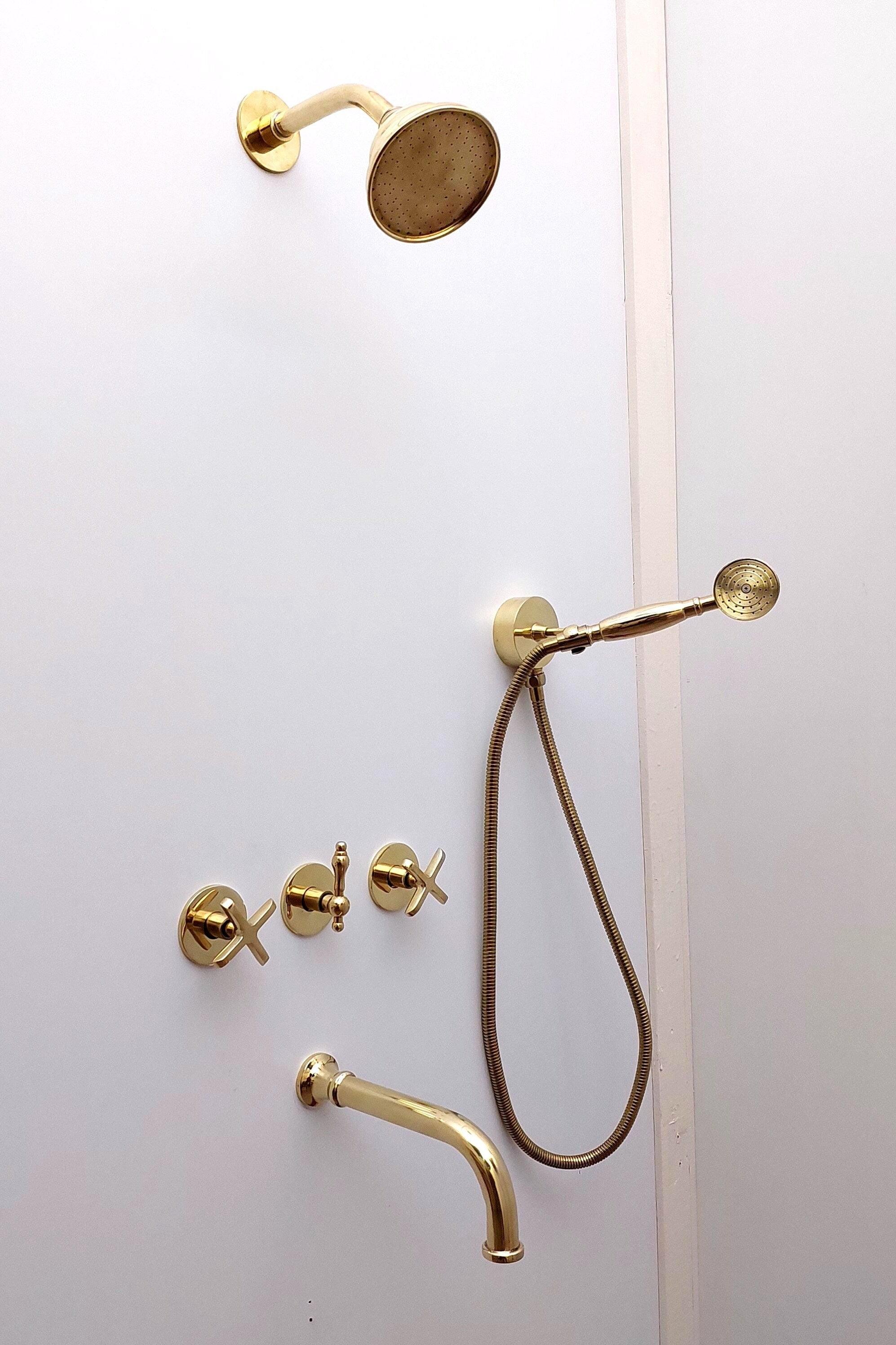 Système de douche avec pommeau de douche à main en laiton non laqué - Réf. : ATLASS38