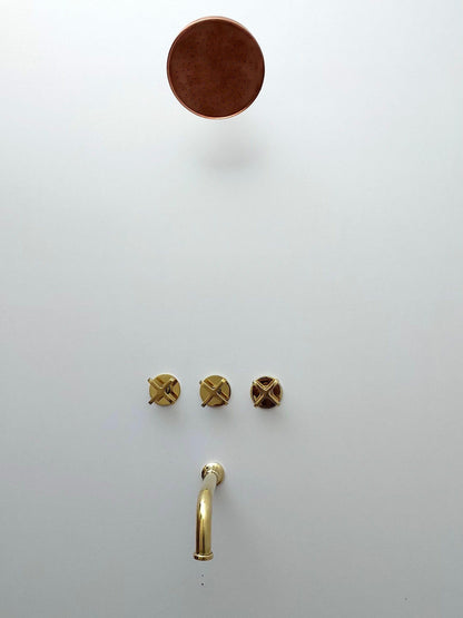 Unlacquered Brass Shower System with Tub Filler and Copper Round Rain Shower Head - Ref: ATLASS40