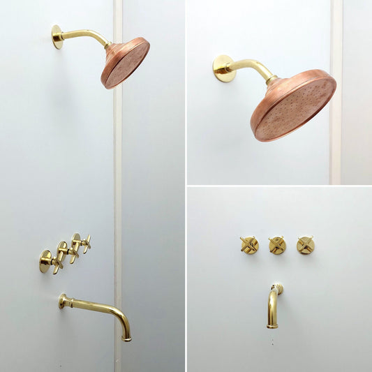 Unlacquered Brass Shower System with Tub Filler and Copper Round Rain Shower Head - Ref: ATLASS40