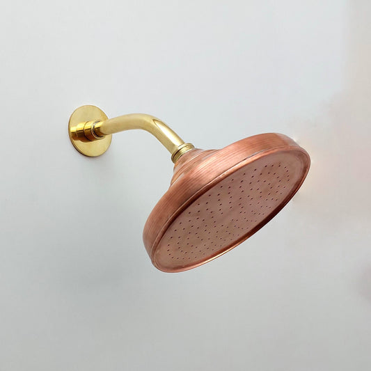 Copper Round Rain Shower Head with Brass Curved Arm for Outdoor and Indoor Shower System - Ref: ATLASS42