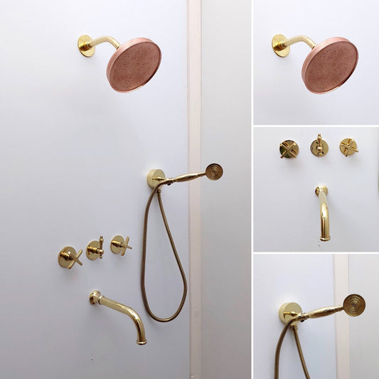 Unlacquered Brass Shower System with Handheld Shower Head, Tub Filler and Copper Round Rain Shower Head - Ref: ATLASS37