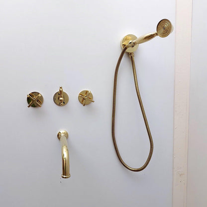 Unlacquered Brass Shower System with Handheld Shower Head, Tub Filler and Copper Round Rain Shower Head - Ref: ATLASS37