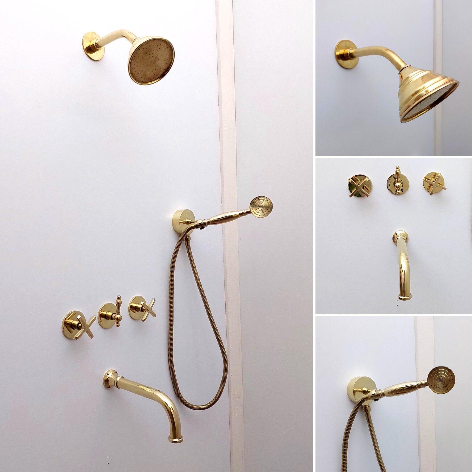 Système de douche avec pommeau de douche à main en laiton non laqué - Réf. : ATLASS38