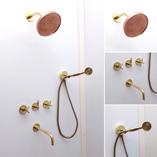 Unlacquered Brass Shower System with Handheld Shower Head, Tub Filler and Copper Round Rain Shower Head - Ref: ATLASS39