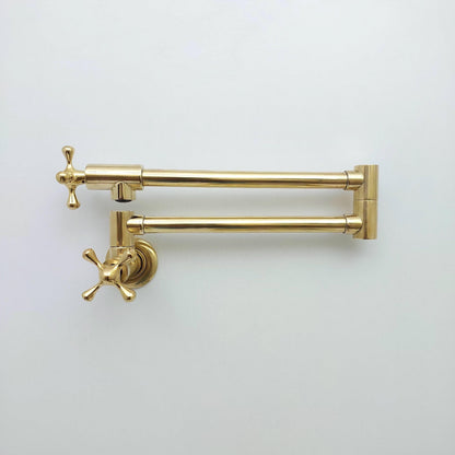 Unlacquered Brass Double Joint Pot Filler, Wall Mount Antique Pot Filler with Cross Handle- Ref:PF-002-C