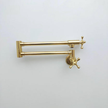 Unlacquered Brass Double Joint Pot Filler, Wall Mount Antique Pot Filler with Cross Handle- Ref:PF-002-C