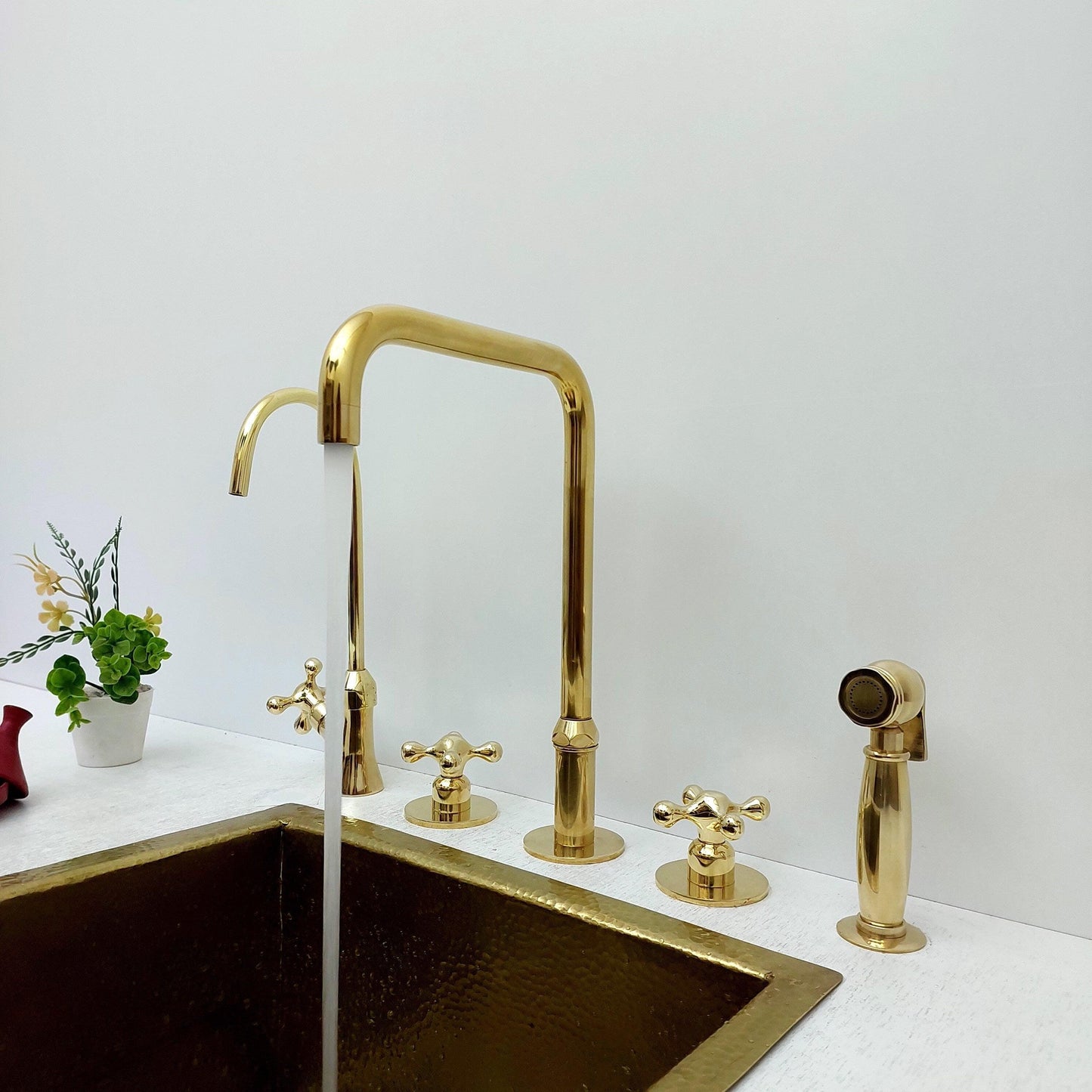 Unlacquered Brass 3 Holes Faucet, Vintage Deck Mounted Faucet with Sprayer & Cold Water Tap - Ref: THF01