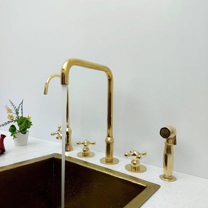 Unlacquered Brass 3 Holes Faucet, Vintage Deck Mounted Faucet with Sprayer & Cold Water Tap - Ref: THF01