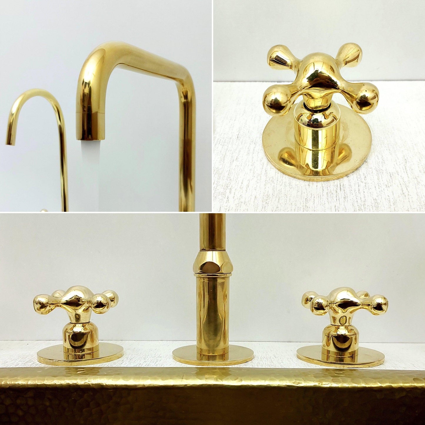 Unlacquered Brass 3 Holes Faucet, Vintage Deck Mounted Faucet with Sprayer & Cold Water Tap - Ref: THF01