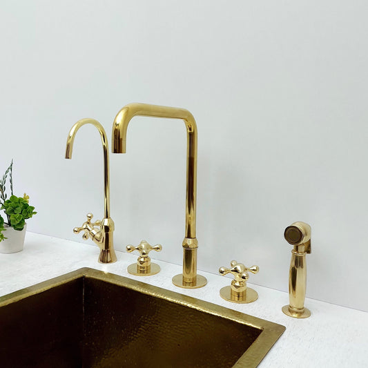 Unlacquered Brass 3 Holes Faucet, Vintage Deck Mounted Faucet with Sprayer & Cold Water Tap - Ref: THF01
