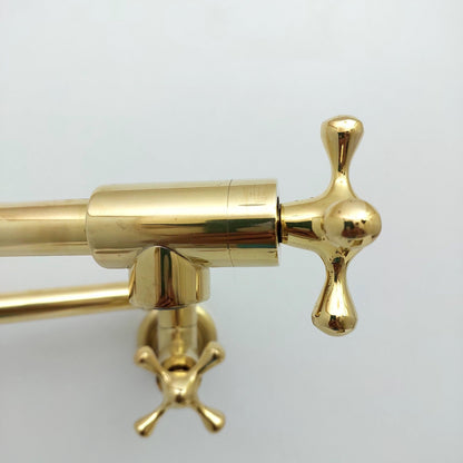 Unlacquered Brass Double Joint Pot Filler, Wall Mount Antique Pot Filler with Cross Handle- Ref:PF-002-C