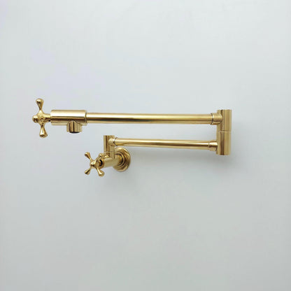 Unlacquered Brass Double Joint Pot Filler, Wall Mount Antique Pot Filler with Cross Handle- Ref:PF-002-C