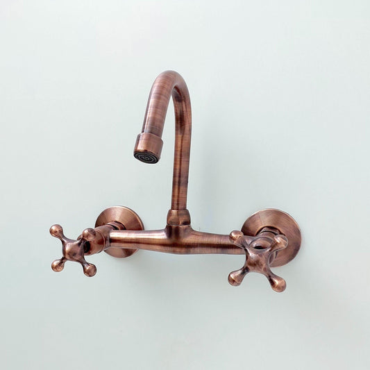 8" Copper Wall-Mount Gooseneck Faucet with Cross Handles - Ref: WFC004