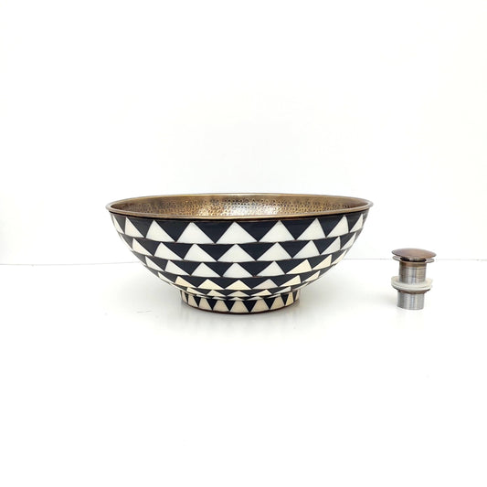 17" Antique Brass Bathroom Sink, Resin Vanity Vessel Sink, Black and White Bowl Sink - Ref: SN025