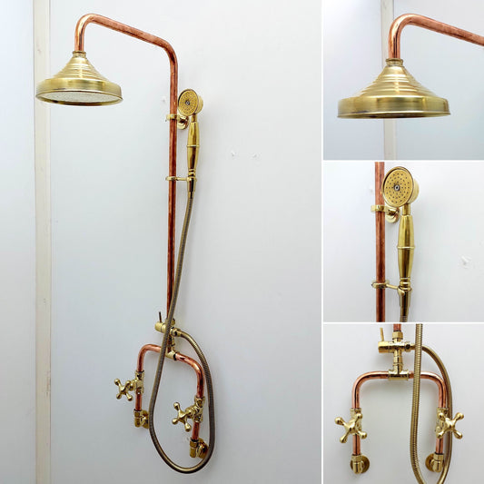Unlacquered Brass and Copper Rain Shower System with Vintage Shower Head - Ref: SS0023-CH