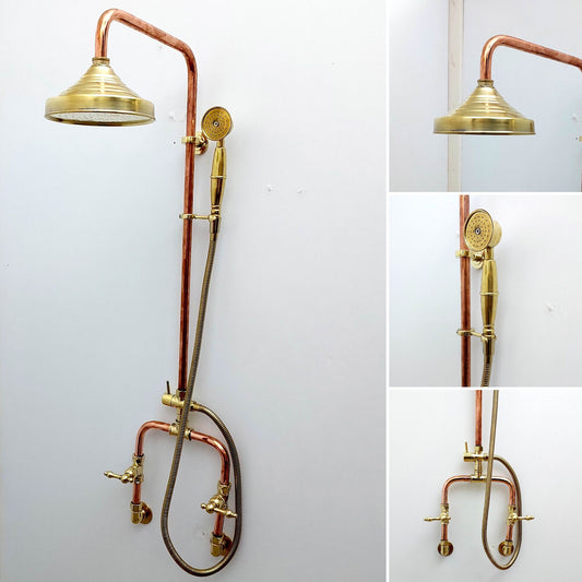 Unlacquered Brass and Copper Rain Shower System with Vintage Shower Head - Ref: SS0023-LH