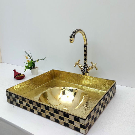 Unlacquered Brass and Resin Bathroom Sink, Antique Brass Resin Vanity Vessel Sink - Ref: SN014-SO
