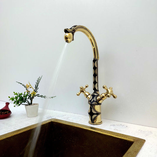 Unlacquered Brass And Resin Bathroom Faucet with Cross Handles - Ref: FA002-S