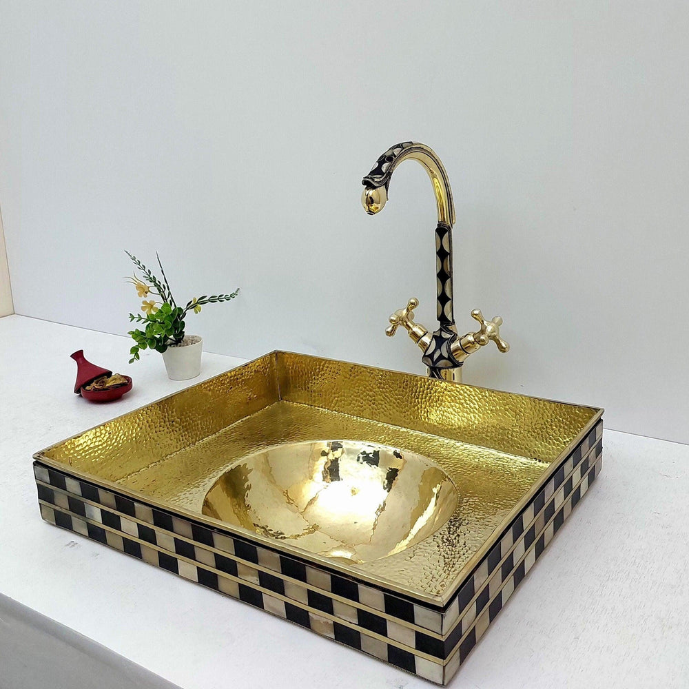 SN014 unlacquered brass and resin vanity vessel sink with faucet product image 1