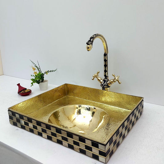 Unlacquered Brass and Resin Bathroom Sink with Faucet, Antique Brass Vanity Vessel Sink - Ref: SN014