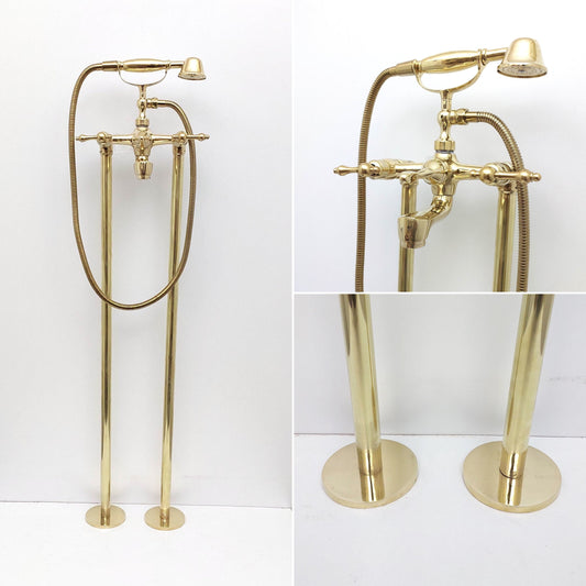 Unlacquered Brass Freestanding Bathtub Faucet, Floor Mounted Tub Filler with Hand Shower - Ref: TF003-L