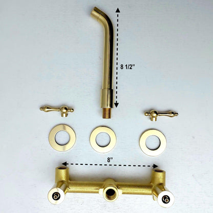 Grifo de pared de latón sin lacar, grifo de cuello de cisne con manijas de palanca - Ref: WFL004