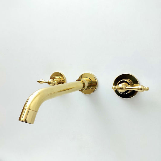 Unlacquered Brass Wall Mount Faucet, Gooseneck Faucet with Lever Handles - Ref: WFL004