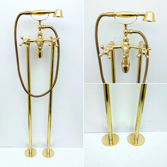 Unlacquered Brass Freestanding Bathtub Faucet, Floor Mounted Tub Filler with Hand Shower - Ref: TF003-C