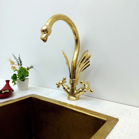 Unlacquered Brass Swan Engraved Faucet with two Cross Handles - Ref: FA010-EC