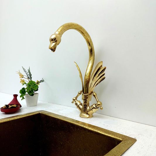 Unlacquered Brass Swan Engraved Faucet with two Lever Handles - Ref: FA010-EL