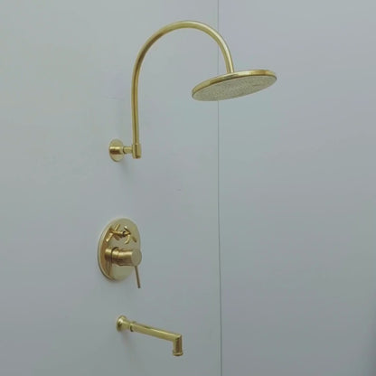 Unlacquered Brass Shower System with Tub Filler, Round Rain Shower Head, and Arcuate Arm - Ref: ATLASS53