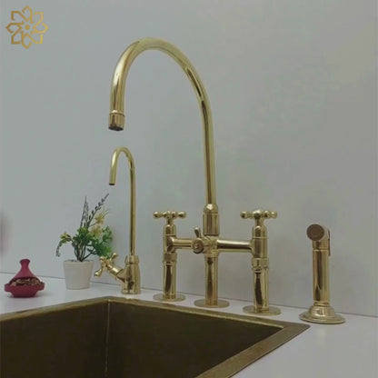 Unlacquered Brass Kitchen Faucet with Sprayer and Cold Water Faucet, Brass Bridge Faucet With Cross Handles - Ref: FA068-LD